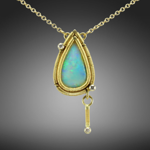 Jack Boglioli art jewelry necklace made with 18k and 22k gold. Opal and diamonds.