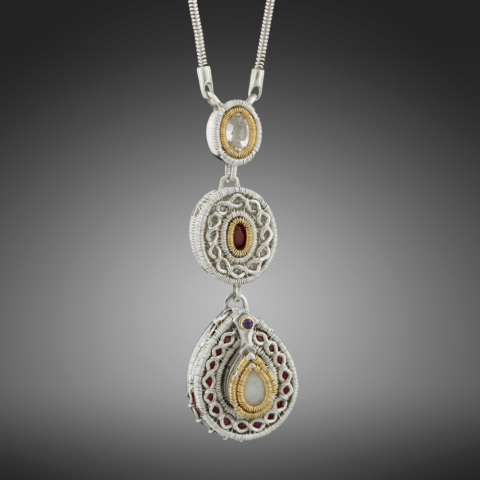 Jack Boglioli art jewelry necklace with Australian opal, ruby, amethyst and white topaz