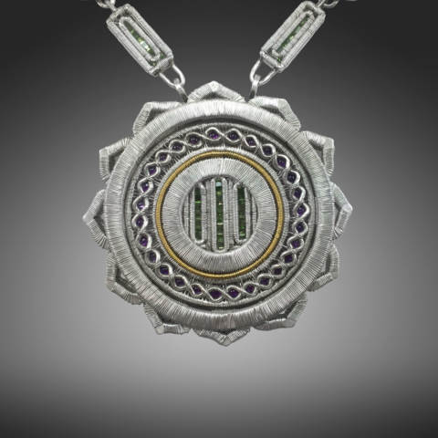 Jack Boglioli art jewelry necklace with peridot and amethyst