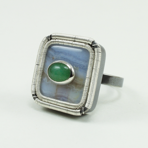 Jack Boglioli art jewelry ring with Blue Lace Agate with Moss Agate
