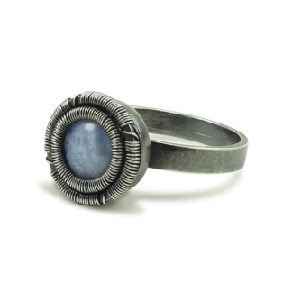 Blue lace agate ring by Jack Boglioli with slight patina and signature "Boglioli Setting"